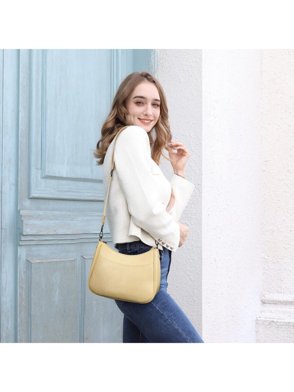 👜Women's Light Yellow Leather Crossbody Purse Shoulder Bag Wide Strap Travel - Picture 2 of 6